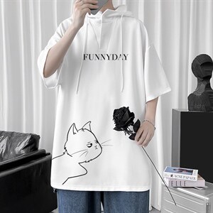 LD54149-P45 连帽短袖t恤男大码胖子带帽五分袖中袖图片