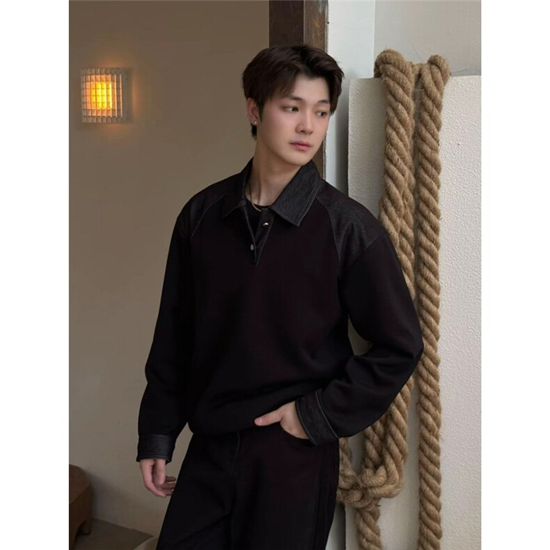 松弛感翻领拼接卫衣POLO衫男士秋季穿搭痞帅设计感长袖上衣打底衫，男装T恤，星座506A