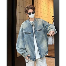 美式高街牛仔外套男春秋潮牌宽松拉链夹克痞帅机车服W6389-P70，男装夹克，星座412-2
