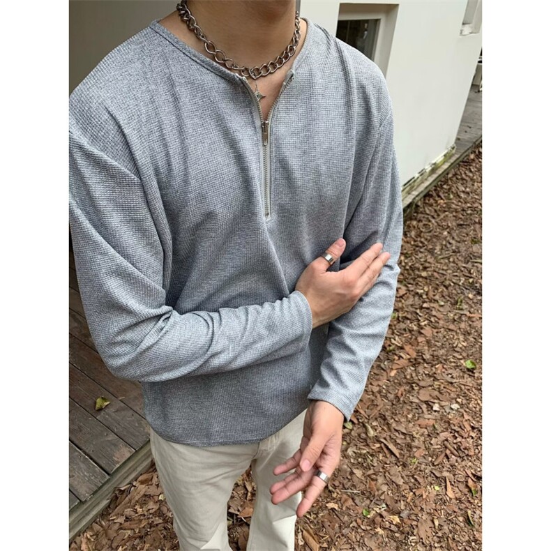 半拉链长袖t恤男冬季高街潮牌华夫格打底衫宽松情侣上衣W6817,男装T恤,星座516A