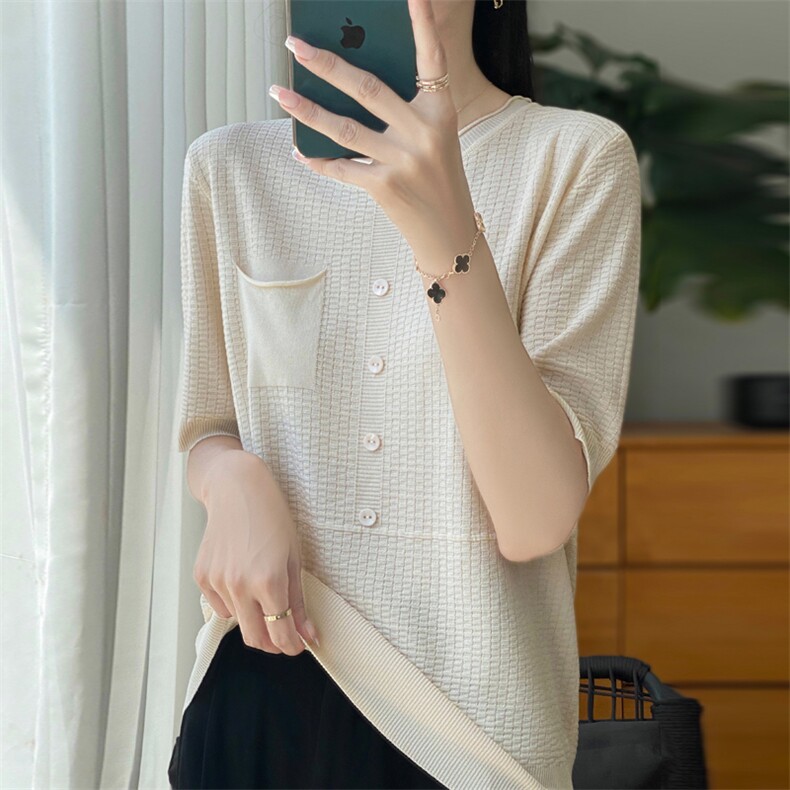 高级感冰丝针织短袖T恤女2025夏装新款带兜薄款上衣时尚百搭小衫,女装T恤,大美人包芯纱店