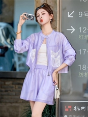 夏季时尚轻薄防晒套装女2025新款宽松休闲长袖立领衬衫短裤两件套，女装套装/套裙，尚娜萱