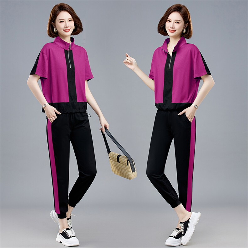 现货。2023夏季新款简约时尚气质拼色休闲舒适大码两件套,女装套装/套裙,依如秀(原杭风阁)