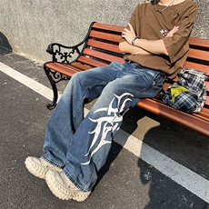 设计感撞色刀锋印花牛仔裤男女夏季新款美式宽松拖地裤潮N148-P52，男装牛仔裤，星座308B-1