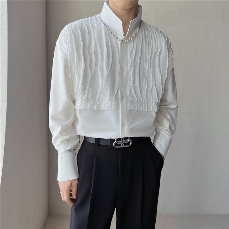 轻熟风小众抽褶条纹衬衫立领设计感衬衣演出服CY17/P35,男装衬衫,电商A243