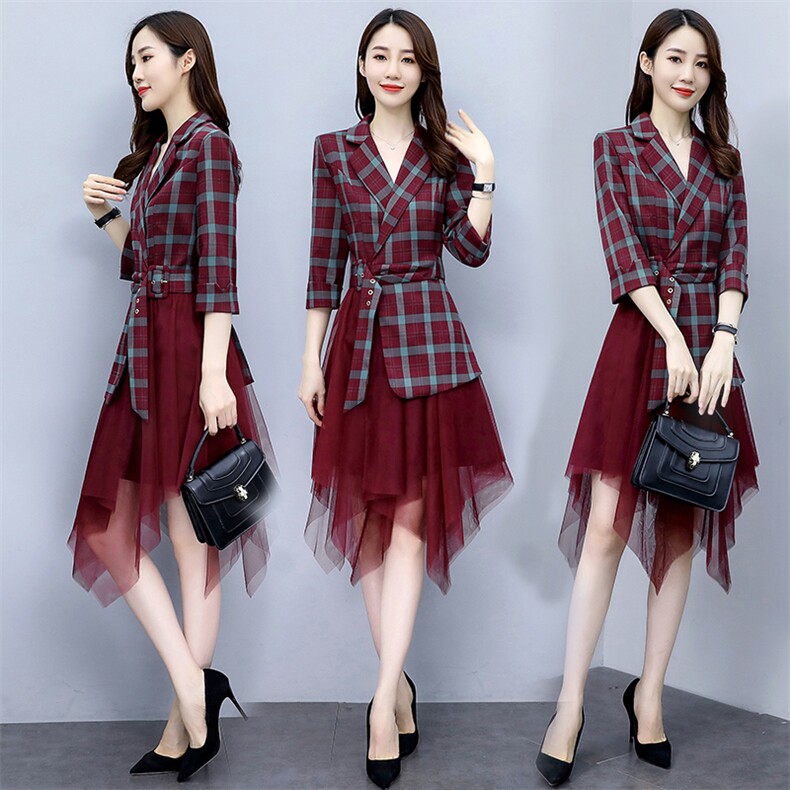 2021春季时尚显瘦网纱格子通勤气质风衣，女装风衣，韩宇舍