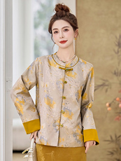 闺舍2025春季新款新中式国风宋锦金线提花真丝盘扣外套女立领撞色，女装短外套，衣之秀