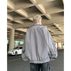 美式古着小众翻领夹克男春秋季重磅褶皱设计宽松高街帅气外套图片