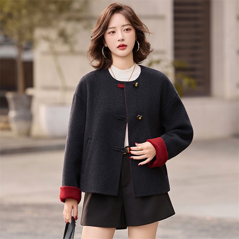 小个子双面羊毛呢大衣女2025秋冬新款气质短款拼色圆领呢子外套,女装双面呢大衣,衣之秀