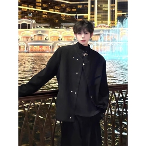 新中式垫肩黑色西服外套男秋冬解构活页按钮斜门襟设计感小众夹克图片