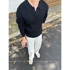 MRCYC翻领针织Polo衫男士秋冬季韩系宽松慵懒风纯色套头长袖毛衣，男装针织衫/毛衣，星座506A