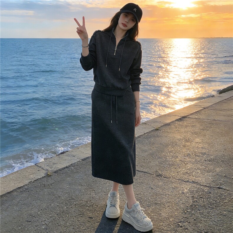 高端气质时尚套装裙女春季新款洋气显瘦立领卫衣修身半身裙两件套,女装套装/套裙,江南