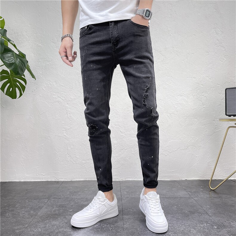 2024秋季时尚破洞灰色牛仔裤男修身小脚裤D311G2296P85，男装牛仔裤，电商D311