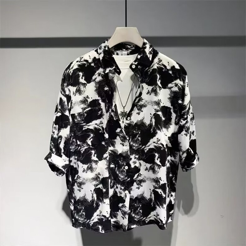 夏季薄款短袖撞色衬衫男生港风复古胖子衬衣高级大码痞帅休闲上衣,男装衬衫,电商B212（原钱塘6029）