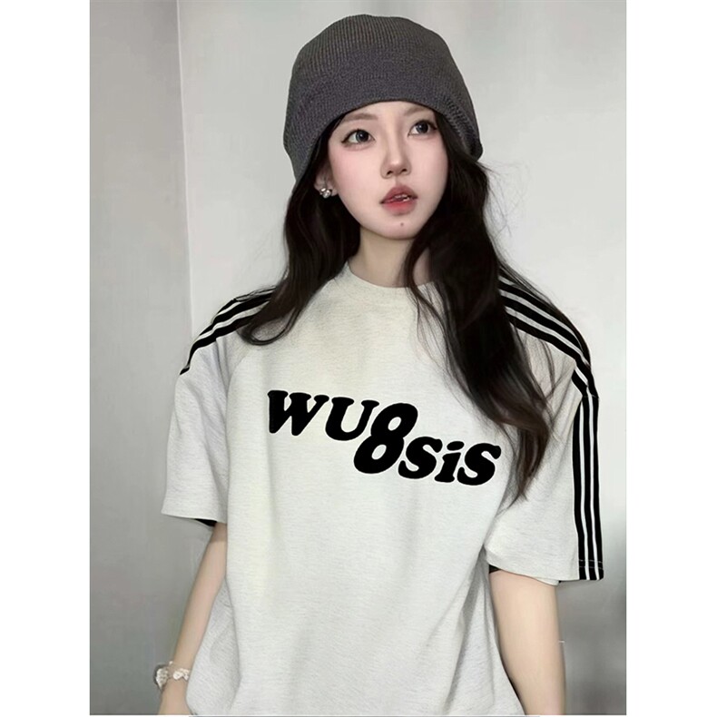 抖音得物品质二开240克宽松纯棉美式潮牌印花三条杠中性风短袖T恤,男装T恤,电商A486