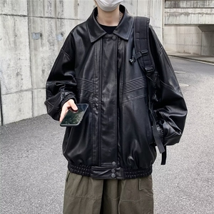 痞帅机车PU皮衣夹克男宽松休闲美式复古派克服重工设计感外套男生图片