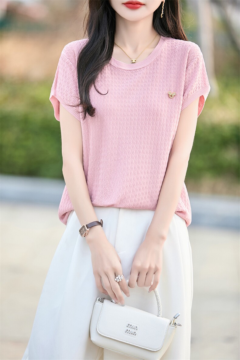 夏季新款曲竹冰丝针织短袖女圆领提花米奇半袖T恤宽松打底衫上衣,女装T恤,优麦羊绒（原洪叶羊绒）