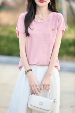 夏季新款曲竹冰丝针织短袖女圆领提花米奇半袖T恤宽松打底衫上衣，女装T恤，优麦羊绒（原洪叶羊绒）