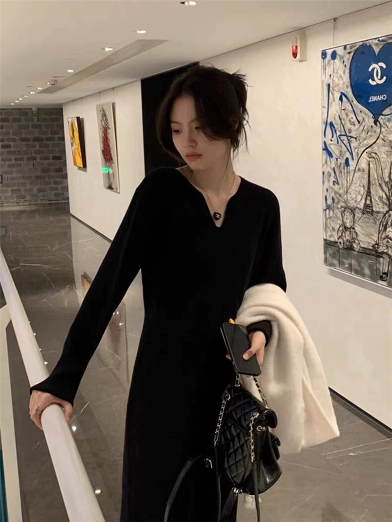 纯色V领套头羊毛针织衫女装宽松舒适休闲打底外穿连衣裙,女装连衣裙,思途羊绒