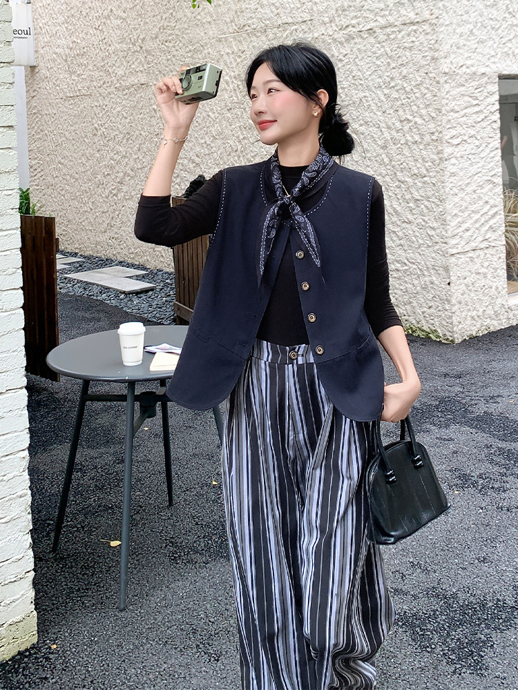 韩系通勤风马甲套装女2025秋新款时尚气质高级感条纹阔腿裤两件套,女装运动套装,浙宝285（原212）
