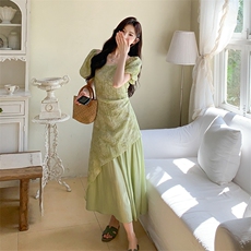 夏季新款浅绿色绝美A字裙女2025法式复古轻熟风富家千金感连衣裙，女装连衣裙，2C029