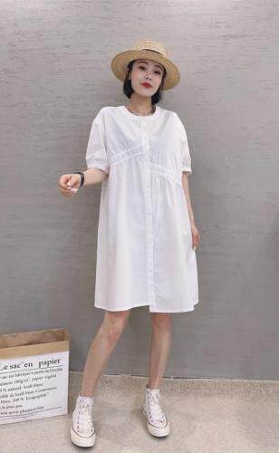 XL9917韩版夏季新款圆领宽松显瘦打褶皱单排扣中长款连衣裙，女装连衣裙，L·H·X