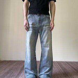 美式复古水洗冰蓝直筒宽松牛仔裤男阔腿百搭休闲长裤NZK2027图片