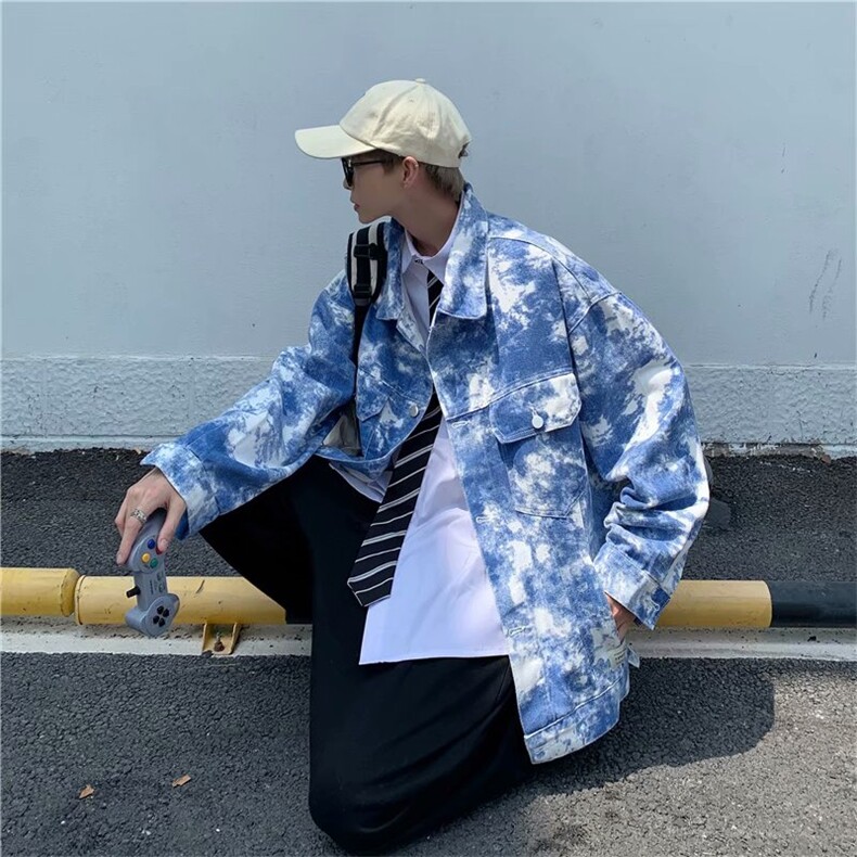 扎染牛仔衣男春秋外套法式情侣宽松小众ins潮牌欧美高街韩风chic,男装工装外套,星座1210-1