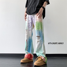 美式ins高街hiphop破洞多巴胺彩色涂鸦牛仔货号K2306P55，男装牛仔裤，电商A063