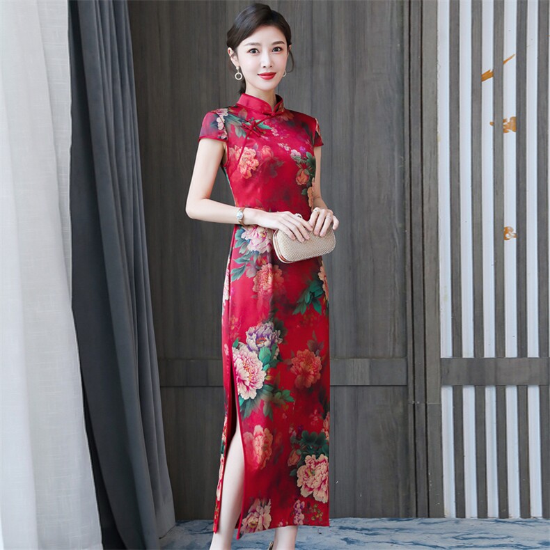 2026春夏季新款专柜品质真丝优雅时尚印花长款婚礼旗袍连衣裙,女装连衣裙,小荷流