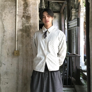 美式潮牌高街复古泡泡纱竖条纹日系肌理长袖衬衫男女休闲宽松衬衣图片