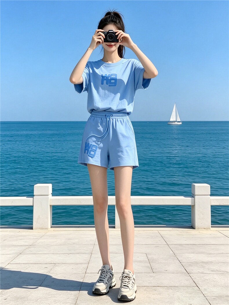 慵懒风休闲运动套装女夏新款百搭圆领刺绣印花短袖上衣短裤两件套,女装套装/套裙,江南