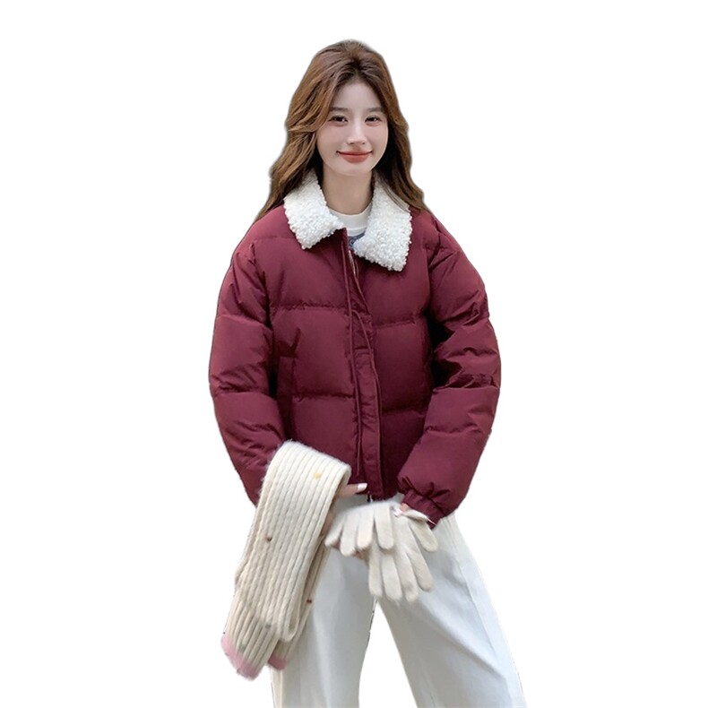 酒红色白鸭绒羽绒服羊羔毛翻领女冬季新款小个子加厚短款外套,女装羽绒服,2C009
