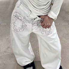 美式复古刺绣白色弯刀牛仔裤女夏季新款街头亚比朋克宽松阔腿长裤，男装牛仔裤，星座218-1（原230）