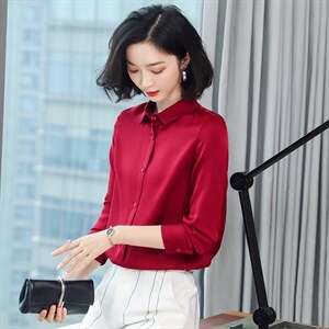 杭州真丝衬衫女长袖纯色翻领重磅桑蚕丝上衣宽松直筒杭州丝绸秋装图片
