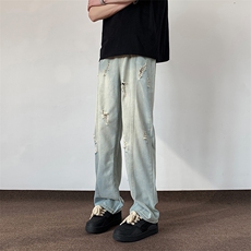 双色破洞牛仔裤男春夏款直筒宽松美式复古裤子潮流784/p56，男装牛仔裤，电商B381-1