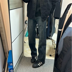 【有货】DK1110-P40美式高街复古设计感分割宽松直筒牛仔裤男图片