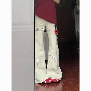 美式设计感多口袋工装牛仔裤女春季新款低腰宽松直筒微喇阔腿长裤图片