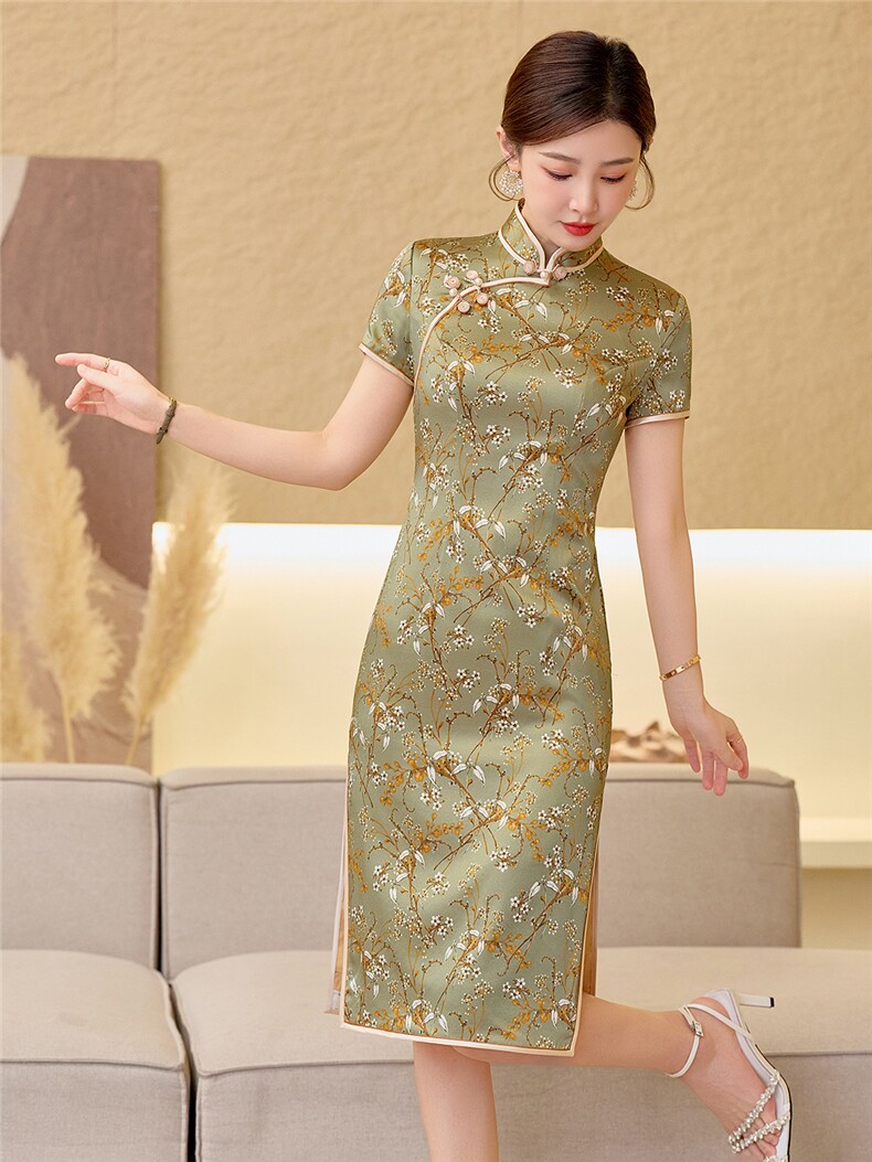 杭州品质真丝中长裙复古印花连衣裙女春夏日常修身潮流真丝旗袍,女装汉服/婚纱/旗袍/礼服,小荷流