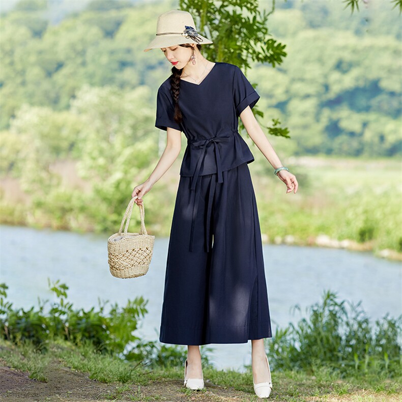 棉麻套装女夏季2025新款高端时尚洋气减龄显瘦亚麻阔腿裙裤两件套,女装套装/套裙,水衣源