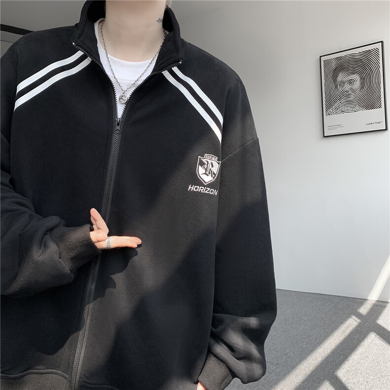 重磅条纹卫衣男开衫大码立领拼接上衣美式运动拉链外套JK5207/P65,女装短外套,电商B238