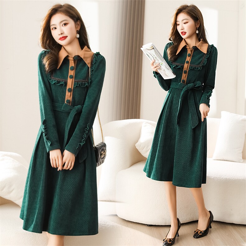 2024新款女装休闲时尚气质优雅通列减龄韩版简约香风连衣裙送腰带，女装连衣裙，韩美纤衣