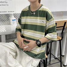 条纹短袖t恤男夏新款港风百搭半袖日系宽松圆领五分袖T699-P20，男装T恤，星座512-4