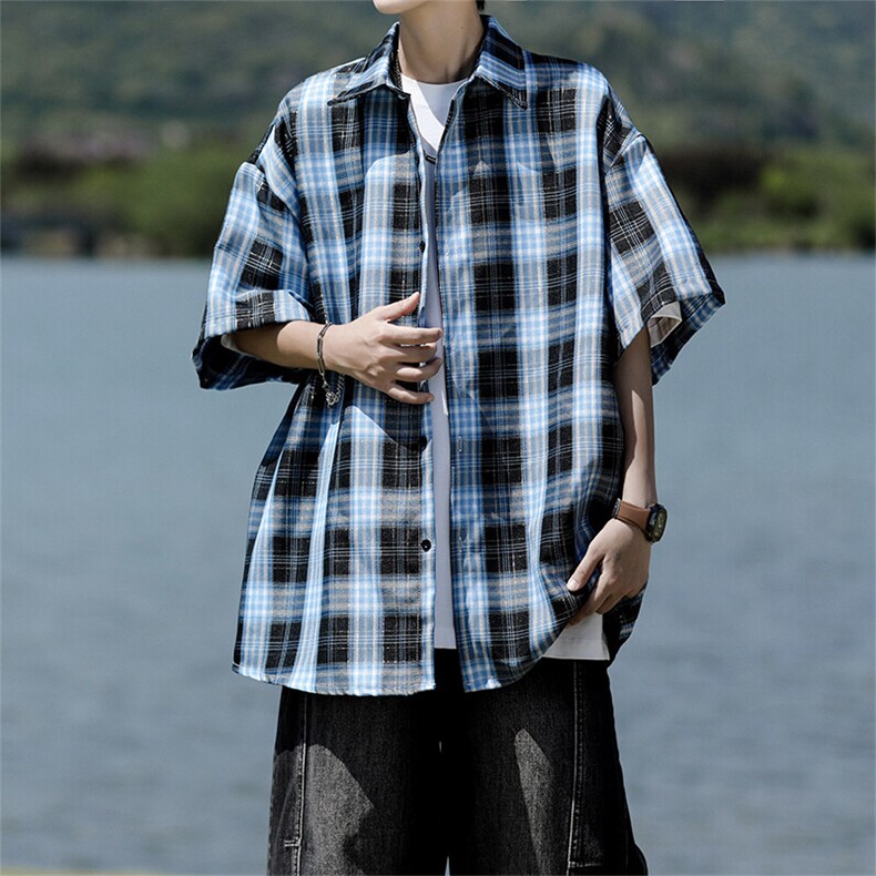 8XL-M格子短袖衬衫男夏季薄款DK制服衬衣JK学院风半袖外套DC28004,男装衬衫,电商B312