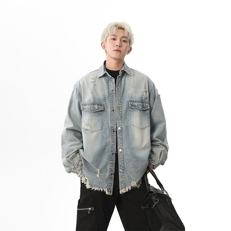 美式复古毛边牛仔夹克男女宽松时尚百潮牌搭破洞牛仔外套JA38-P75,男装工装外套,星座208-5