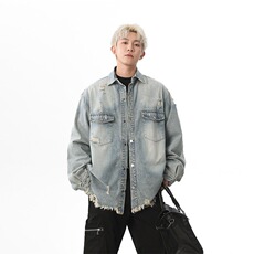 美式复古毛边牛仔夹克男女宽松时尚百潮牌搭破洞牛仔外套JA38-P75，男装工装外套，星座208-5