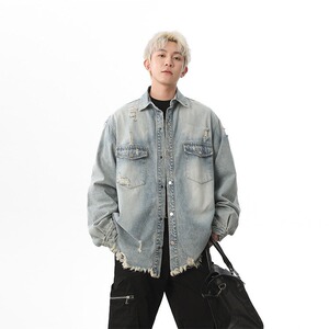 美式复古毛边牛仔夹克男女宽松时尚百潮牌搭破洞牛仔外套JA38-P75图片