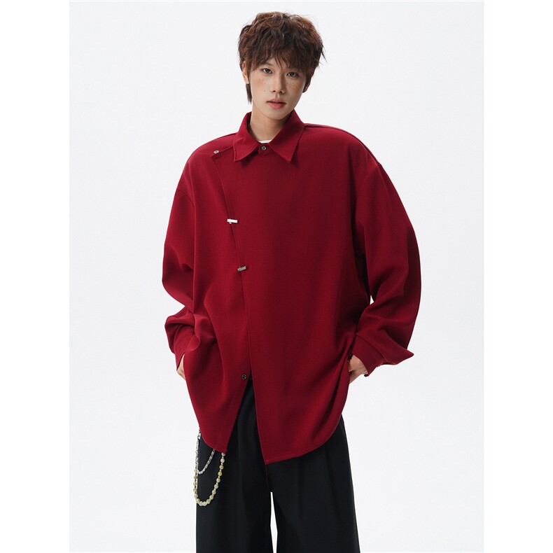 斜搭门襟金属扣新中式长袖衬衫大码设计感风衬衣外套LC302特P52，男装衬衫，电商B215
