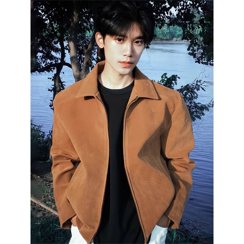 美式复古麂绒皮衣棕咖色修身正肩翻领短款夹克B136-P67，男装夹克，星座910-1
