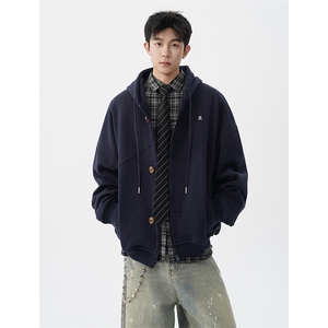 秋冬新款高品质藏青色连帽卫衣外套男美式宽松设计感小众WY23P78图片
